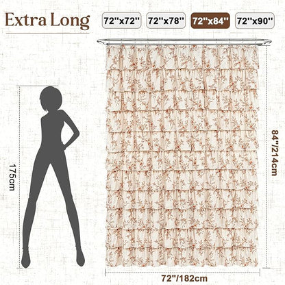 Fall Extra Long Ruffle Shower Curtains for Bathroom with Floral, 72"Wx84"L | Orange Floral Print, Ruflle Design, 12 Metal Hooks, Vintage Rustic Washable Waterproof Shower Curtain for Bathroom Bathtub