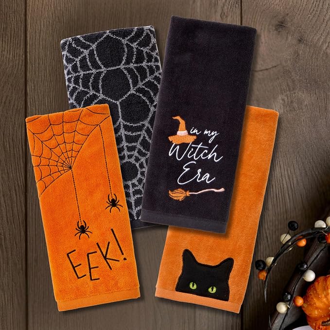 SKL Home Halloween Eek Hand Towel Set-2pc, 100% Cotton, Embroidered, Orange | Soft, embroidered velour. Great for the bathroom, kitchen or bar & gift.