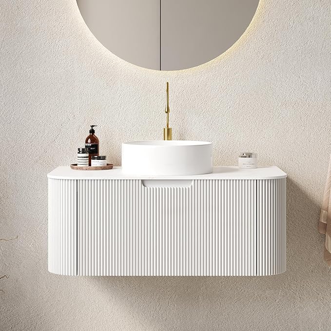 LKTART 36 Inch Floating Bathroom Vanity with Sink, Modern Wall Mounted Bathroom Storage Cabinet with Drawer, Round White Ceramic Sink Top and Marble Texture Top, White