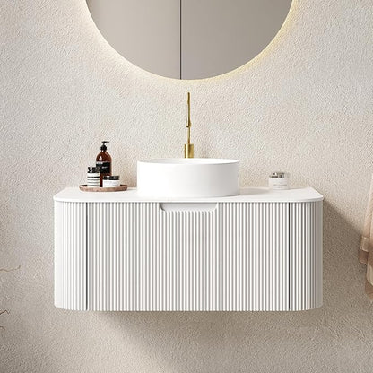 LKTART 36 Inch Floating Bathroom Vanity with Sink, Modern Wall Mounted Bathroom Storage Cabinet with Drawer, Round White Ceramic Sink Top and Marble Texture Top, White