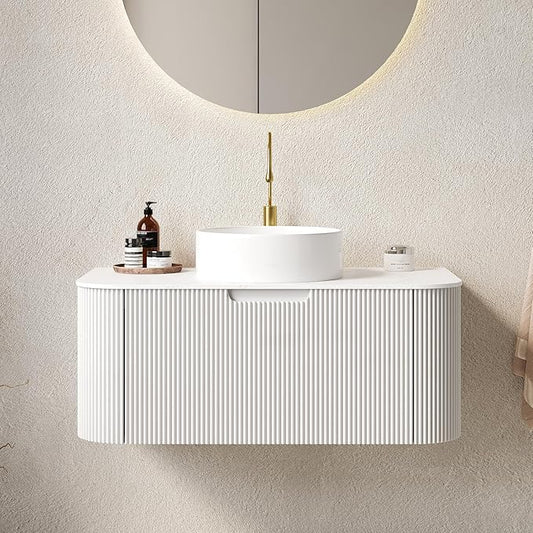 LKTART 36 Inch Floating Bathroom Vanity with Sink, Modern Wall Mounted Bathroom Storage Cabinet with Drawer, Round White Ceramic Sink Top and Marble Texture Top, White