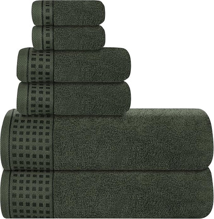 GLAMBURG 100% Cotton Ultra Soft 6 Pack Towel Set, Contains 2 Bath Towels 28x55 Inches, 2 Hand Towels 16x24 Inches & 2 Wash Coths 12x12 Inches, Compact Absorbent Lightweight & Quickdry - Olive Green
