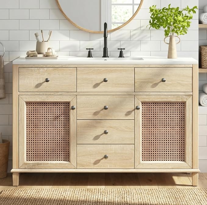48-Inch Natural Rattan Bathroom Vanity with Ceramic Sink, Bathroom Storage Cabinet with Solid Wood Frame, Drawers &Rattan Doors, Soft-Close,Space Saving Vanity Sink for Bathroom