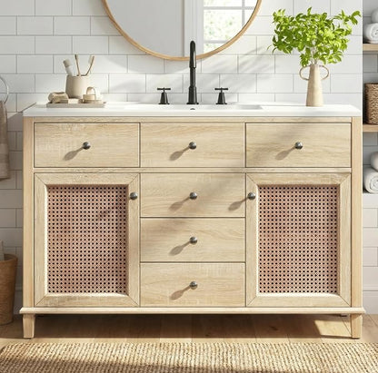 48-Inch Natural Rattan Bathroom Vanity with Ceramic Sink, Bathroom Storage Cabinet with Solid Wood Frame, Drawers &Rattan Doors, Soft-Close,Space Saving Vanity Sink for Bathroom