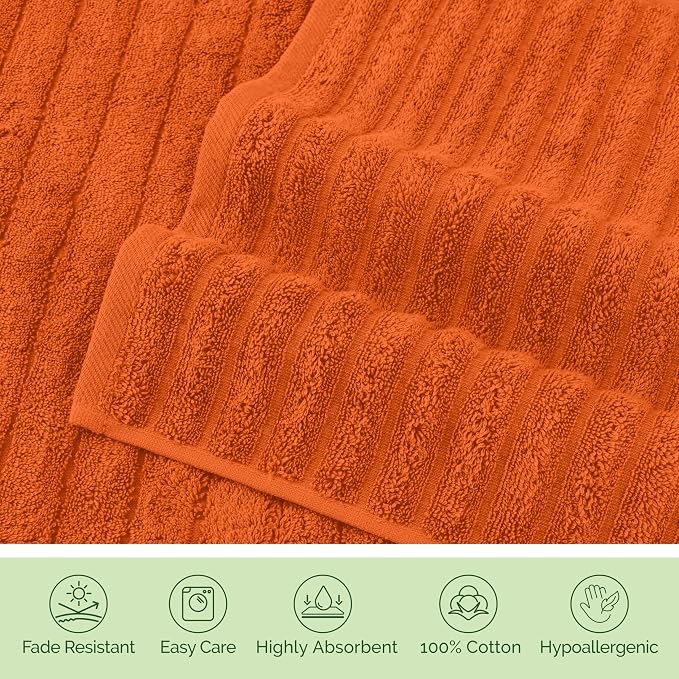 Elegant Comfort Luxury 100% Turkish Cotton Corduroy Ribbed 4 Pack Hand Towel Set 16 x 28 Inch - Absorbent, Super Soft, Quick Dry, Premium Towels for Bathroom, Gym, Spa and Hotel Use, Orange
