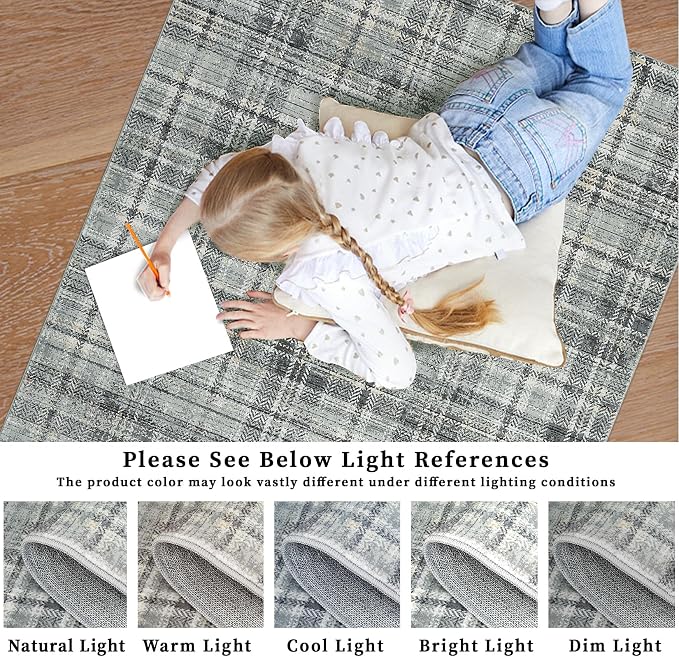 Washable Rugs Runner Rug 2x6 Modern Plaid Area Rug Soft Carpet 2'x6' Greenish Grey