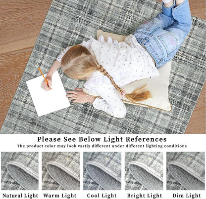Washable Rugs 4x6 Rug for Living Room Modern Plaid Rugs for Bedroom Tartan Farmhouse Non Slip Entryway Rug Soft Stain Resistant Carpet for Nursery Entrance Dining Room 4'x6' Greenish Grey
