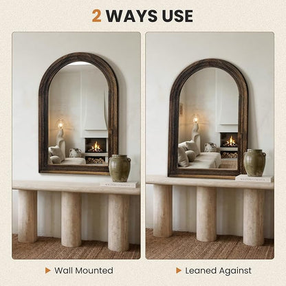 Arched Bathroom Mirror, 38"x26" Brown Wood Frame Wall Mirror | Farmhouse Vintage Vanity Mirror with Layered Frame for Entryway, Living Room, Bedroom