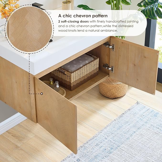 36 Inch Floating Sink Bathroom Vanity Wall Mount Single Vanities Overflow Mordern Large Storge Cabinet with Ceramic Countertop Double Soft Closing Drawers Pre-Assembled