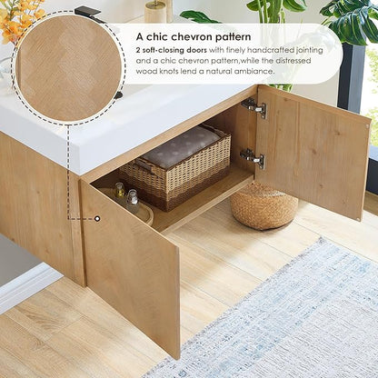 36 Inch Floating Sink Bathroom Vanity Wall Mount Single Vanities Overflow Mordern Large Storge Cabinet with Ceramic Countertop Double Soft Closing Drawers Pre-Assembled
