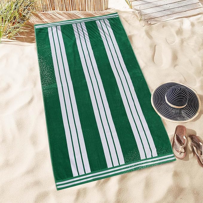 Superior Oversized Cotton Beach Towel Set of 6, Absorbent Towels for Bathroom, Beach, Pool, Swim, Adults, Kids, Vacation, Travel, Bath, Quick Dry Basics, Trip Essentials, Striped Decor, Dark Green