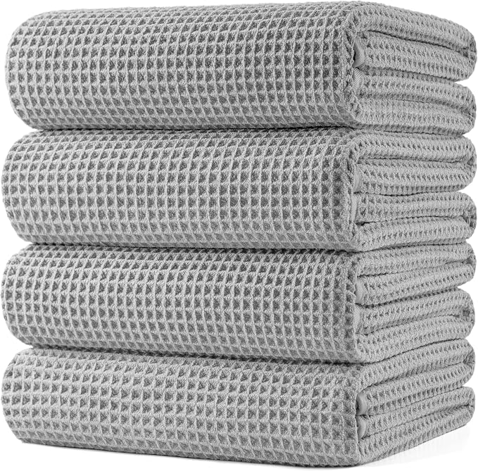 POLYTE 430 GSM Poly Blend Microfiber Quick Dry Waffle Bath Towel, 30x60 in | 4 Pack, Oversize, Lint Free, Body Towel