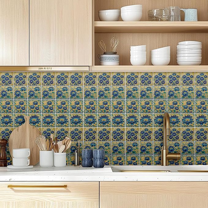 36 Pcs 4 Style Blue Flowers Tile Stickers Golden Flowers Peel and Stick Wall Tile Stickers Waterproof Self Adhesive Lotus Stick on Tiles Decals for Kitchen Bathroom Wall Art Decor, 4×4 Inch