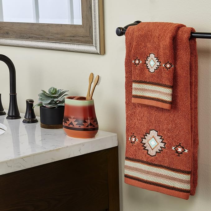 SKL Home Southwest Sunset Bath Towel, 100% Cotton, Embroidered, Rust | 470 GSM weight. Soft & absorbent terry. Great for Airbnb and Southwestern décor.