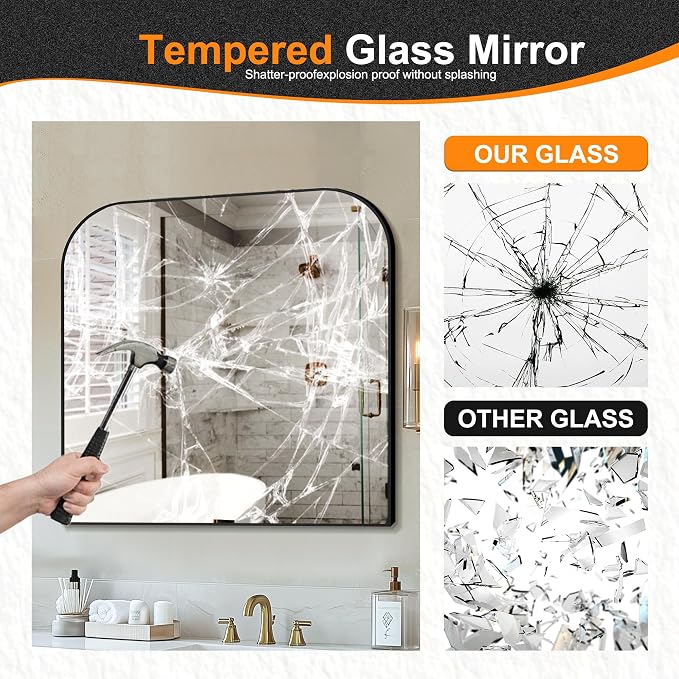 30"x30" Black Metal Framed Bathroom Mirror for Over Sink | Rounded rectangle shape. Shatterproof HD glass, all mounting hardware for bathroom, bedroom, entryway.
