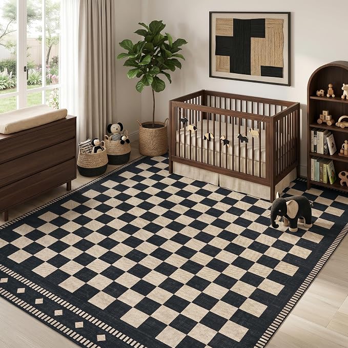 Garvee Washable 5x7 Living Room Rug Checkered Non Slip, Black | Large Area Rug for Bedroom Decor Farmhouse Vintage Black Rug Low Pile Stain Resistant Carpet for Office Dining Room 5'x7'