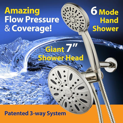 AquaDance 7" Premium High Pressure 3-way Rain & Handheld Shower Head Combo | Enjoy Luxury 7-inch Showerhead & 6-mode Hand Shower Separately or Together! Premium Stainless Steel Hose - Nickel