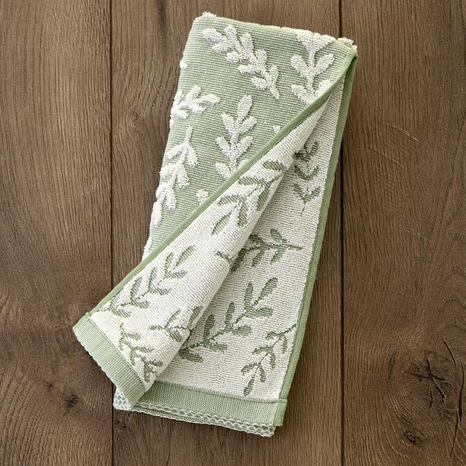 SKL Home Leaf Sprig Hand Towel Set-2pc, 100% Cotton, Reversible, Sage | Soft & absorbent jacquard. For use in the bathroom, kitchen, or bar & makes a great gift.