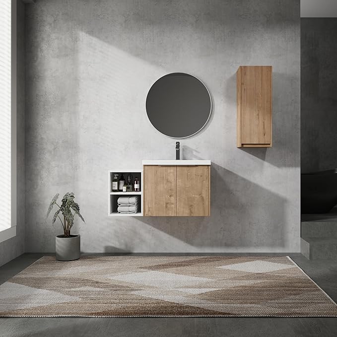 Henf 36" Floating Bathroom Vanity with Sink for Compact Space, Brown Wall Mount Bathroom Vanity Cabinet with Sink Combo, 36 Inch Bathroom Vanities Set with Open Storage Shelf & Side Cabinet