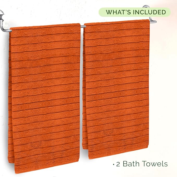 Elegant Comfort 100% Turkish Cotton Corduroy Ribbed Luxury Soft 2 Pack Bath Towels 27 x 54 Inch - Ultra Plush, Absorbent, Quick Dry, Hotel Spa Quality Towels for Bathroom Essentials, Orange