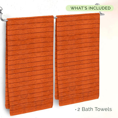 Elegant Comfort 100% Turkish Cotton Corduroy Ribbed Luxury Soft 2 Pack Bath Towels 27 x 54 Inch - Ultra Plush, Absorbent, Quick Dry, Hotel Spa Quality Towels for Bathroom Essentials, Orange
