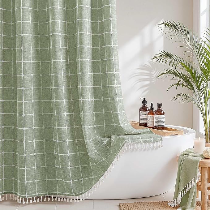 RiverDream Farmhouse No Hooks Shower Curtain with Snap-in Liner,Green,36x74 | Snap on Fabric Liner,Heavy Duty,Quick Dry,Mesh Top Window,With Bottom Magnets,Washable,with Tassels,Stall Size