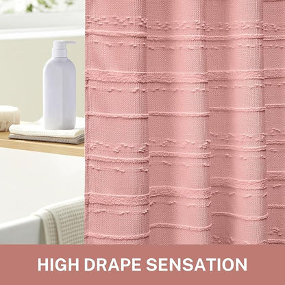 Pink Shower Curtain Boho, 72 x 84 Cotton Blend Waffle Weave Stripe Textured Heavy Duty, Fabric Shower Curtain for Bathroom, Hotel, Washable
