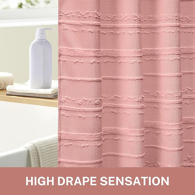 Pink Shower Curtain Boho, 72 x 78 Cotton Blend Waffle Weave Stripe Textured Heavy Duty, Fabric Shower Curtain for Bathroom, Hotel, Washable