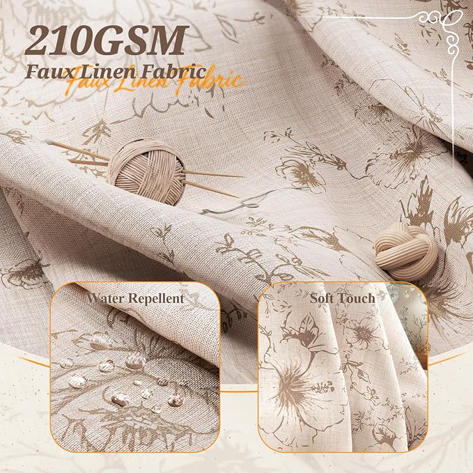 Vintage Beige Floral Shower Curtain with 12 Clear Rings - 72" W x 72" L | Farmhouse Fabric Faux Linen Shower Curtain Set, French Country Cottagecore Style Shower Curtain for Bathroom