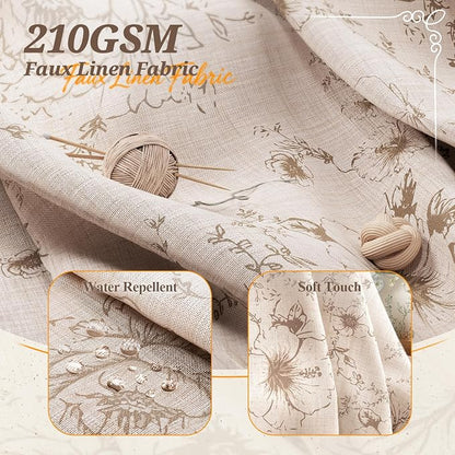 Vintage Beige Floral Shower Curtain with 12 Clear Rings - 72" W x 72" L | Farmhouse Fabric Faux Linen Shower Curtain Set, French Country Cottagecore Style Shower Curtain for Bathroom