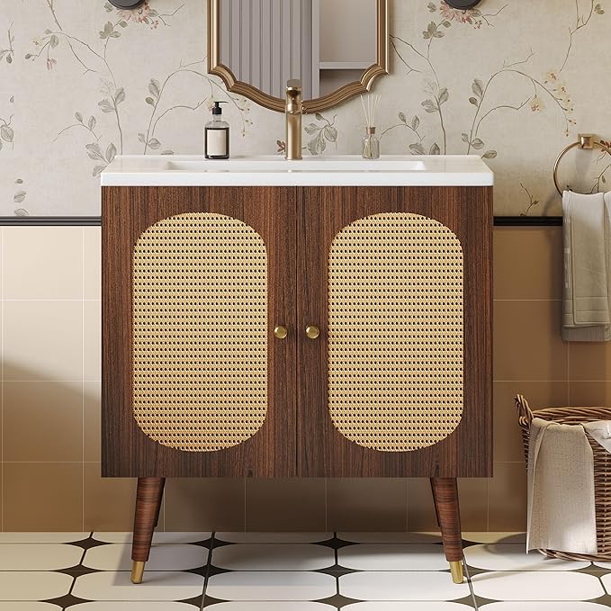 DWVO 36 Inch Rattan Vanity with Sink, Freestanding Bathroom Vanity Cabinet, Boho Style with 2 Large Soft-Closing Doors & Four-Sided Water Barrier Strip, Walnut
