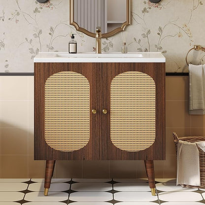 DWVO 36 Inch Rattan Vanity with Sink, Freestanding Bathroom Vanity Cabinet, Boho Style with 2 Large Soft-Closing Doors & Four-Sided Water Barrier Strip, Walnut