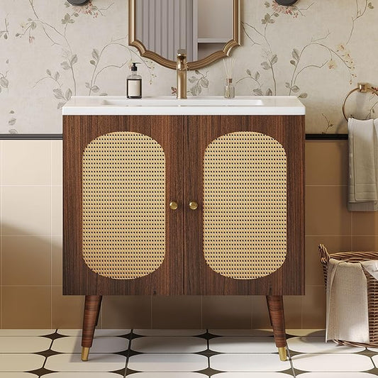 DWVO 36 Inch Rattan Vanity with Sink, Freestanding Bathroom Vanity Cabinet, Boho Style with 2 Large Soft-Closing Doors & Four-Sided Water Barrier Strip, Walnut