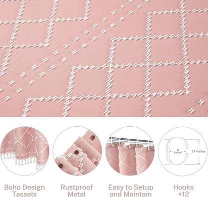 Siiluminisoy Boho Pink Textured Shower Curtain with Tassels 72 x 72 Tufted Chevron Striped Chenille Woven Fabric Cloth Shower Curtain Modern Farmhouse Minimalist, Shabby Chic Home Decor for Bathroom