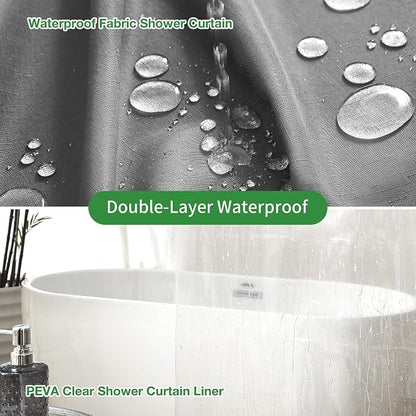 3 in 1 Shower Curtain Set, 72x78 Grey Shower Curtain and Liner with 12 Double Sided Shower Curtain Hooks, Cloth Shower Curtains for Bathroom,Waterproof