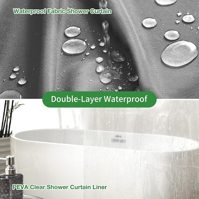 3 in 1 Half Size Shower Curtain Set, 36x72 Grey Shower Curtain and Liner with 6 Double Sided Shower Curtain Hooks, Cloth Shower Curtains for Bathroom