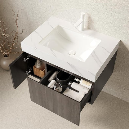 KEIKI 30 Inch Floating Bathroom Vanity with Sink, Espresso & White | Modern Wall Mounted Storage Cabinet w/ Drawer & Door, Pre-assembled Wood Panels, Sintered Stone Top & Ceramic Basin Combo Set