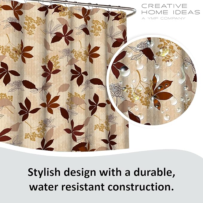 15-Piece Bathroom Shower Curtain Set – Set of 1 Shower Curtain & 12 Metal Hooks & 1 Bath Mat & 1 Contour Mat, Modern Bathroom Décor, Machine Washable, Blowing Leaves Chocolate