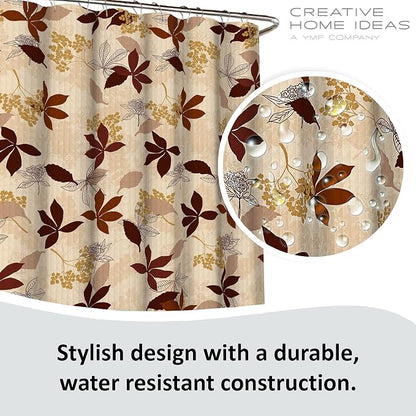 15-Piece Bathroom Shower Curtain Set – Set of 1 Shower Curtain & 12 Metal Hooks & 1 Bath Mat & 1 Contour Mat, Modern Bathroom Décor, Machine Washable, Blowing Leaves Chocolate