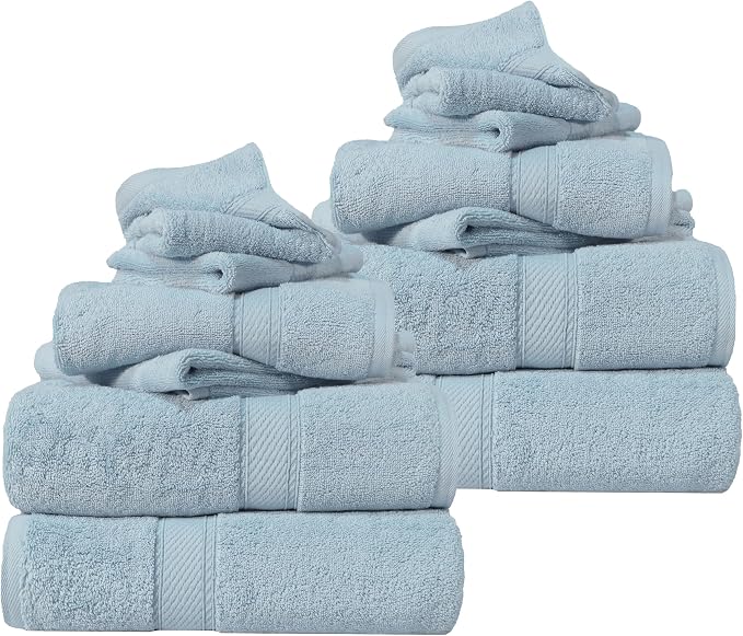 SUPERIOR Egyptian Cotton Ultra Plush & Absorbent, 12 Piece Set, Light Blue | Heavyweight 12 Pc Egyptian Cotton Towel Set Includes 4 Bath Towels 4 Hand Towels 4 Washcloths Decorative Rope Border