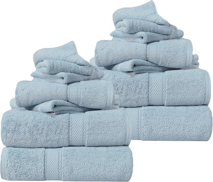 SUPERIOR Egyptian Cotton Ultra Plush & Absorbent, 12 Piece Set, Light Blue | Heavyweight 12 Pc Egyptian Cotton Towel Set Includes 4 Bath Towels 4 Hand Towels 4 Washcloths Decorative Rope Border