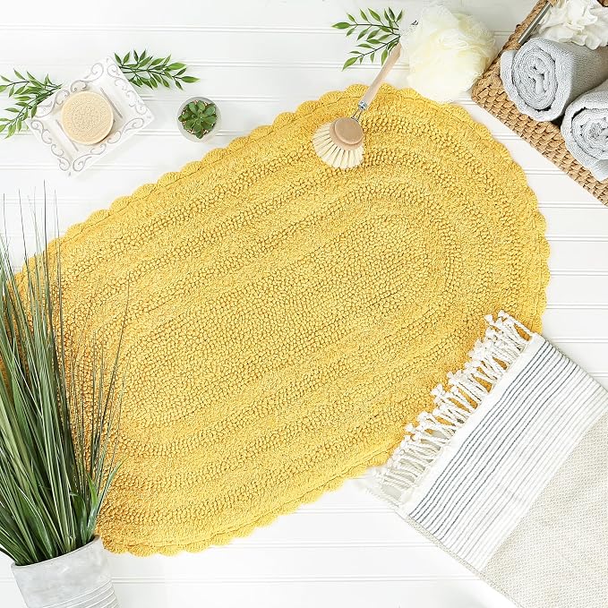 DII Crochet Collection Reversible Bath Mat, Large Oval, 21x34, Yellow
