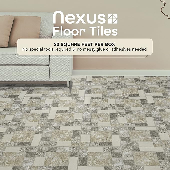Nexus Self Adhesive 12-Inch Vinyl Floor Tiles, 20 Tiles - 12" x 12", Ancient Beige Mosaic Pattern - Peel & Stick, DIY Flooring for Kitchen, Dining Room, Bedrooms & Bathrooms by Achim Home Decor