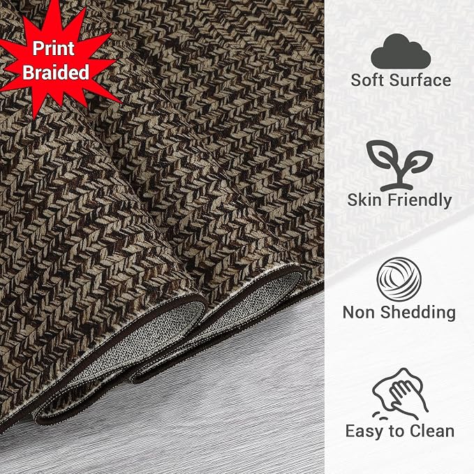 Printed Washable Area Rugs 4x6 Rug for Living Room Modern Rug for Bedroom Braided Pattern Non Slip Entryway Rug Soft Nursery Rugs Stain Resistant Carpet for Entrance Office 4'x6' Black/Brown