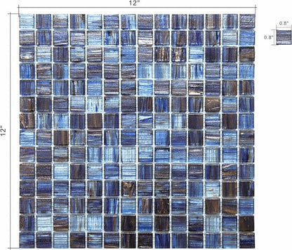 Glass Mosaic Tile Backsplash, 12” x 12” Mesh-Mounted Dark Blue Glass Wall Tile for Kitchen Bathroom Swimming Pool (8 Sheets, 8 sq.ft)
