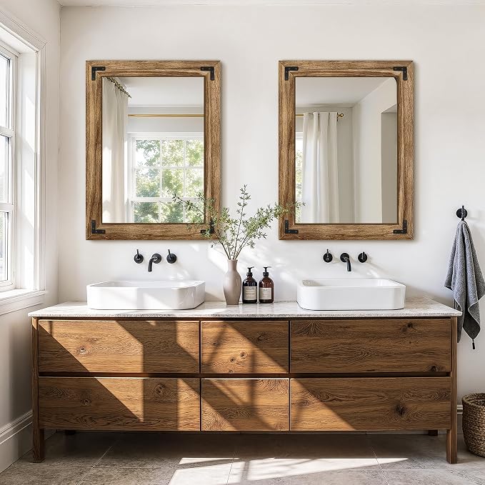 Bathroom Mirror for Wall, 24" x 32" Wooden Vanity Mirror | Solid Wood Frame, Rustic Farmhouse Style, Shatterproof Glass, for Bedroom, Living Room, Entryway Decor, Vertical/Horizontal