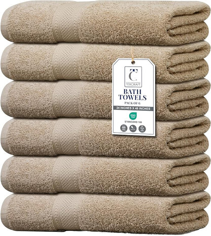 Medium Size Bath Towels Set of 6 – 100% Cotton Terry – 24" x 48" – Quick Dry, Soft & Highly Absorbent – Beige Towels for Bathroom, Gym, Spa, Pool & Daily Use
