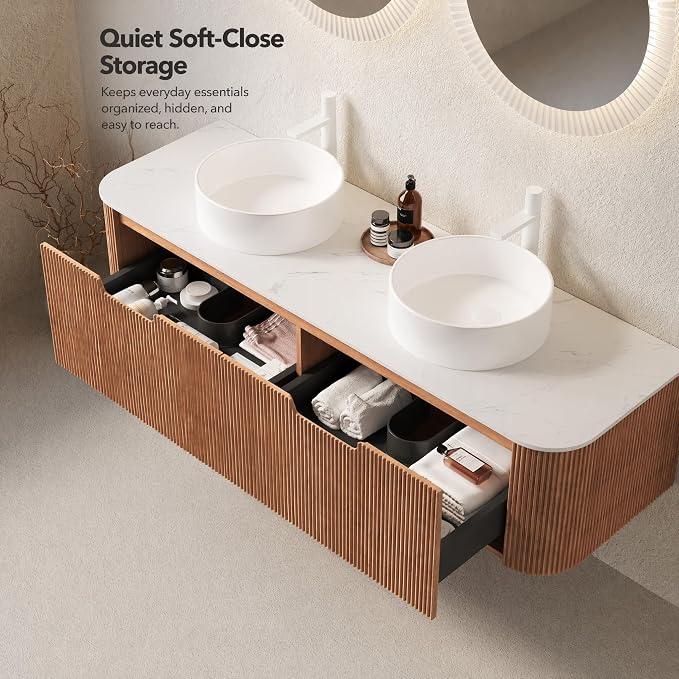 60 Inch Double Sink Bathroom Vanity, Floating Wall Mounted Cabinet, Natural Woodgrain Curved Fluted Front, Stone Top, Dual Pure White Round Vessel Basins, Pre-Assembled