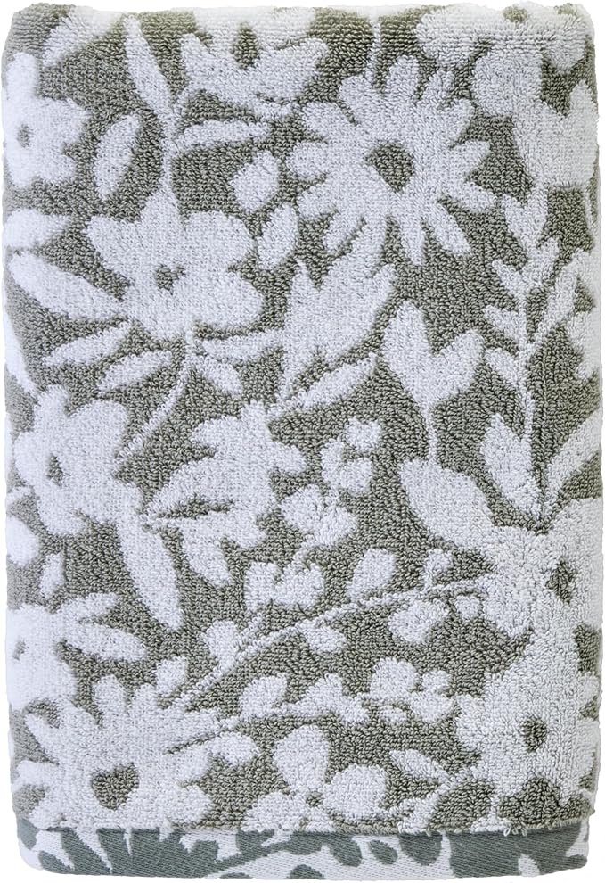 SKL Home Bedford Floral Bath Towel, Premium 100% Cotton, Sage | 600 GSM weight. Spa-level quality. Soft, & absorbent, reversible jacquard.