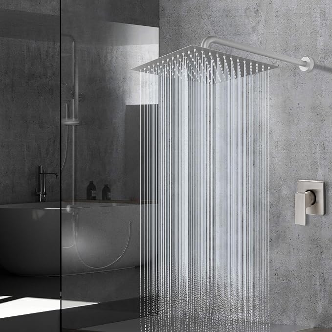 Voolan Rain Shower Head - High Flow Large Rainfall Shower Heads Made of Stainless Steel - Waterfall Bathroom Square Showerhead - Ceiling or Wall Mount (12" Brushed Nickel)